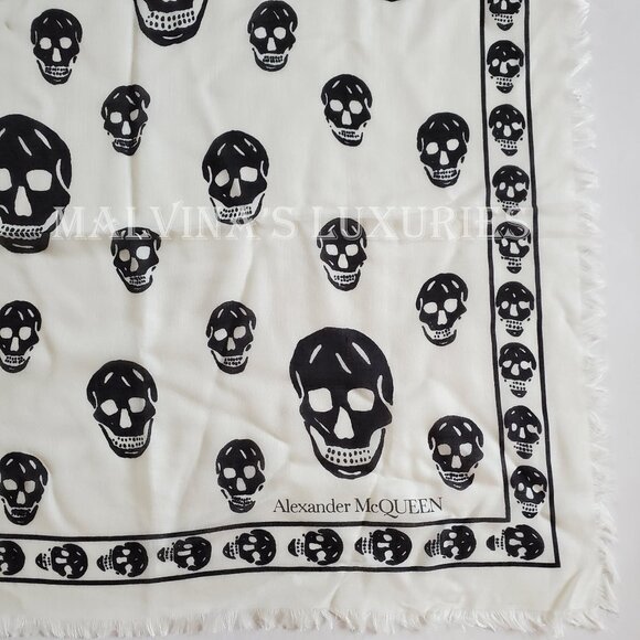 ALEXANDER MCQUEEN SCARF ICONIC SKULL PRINT IVORY MODAL SILK FRINGE UNISEX - Picture 7 of 13